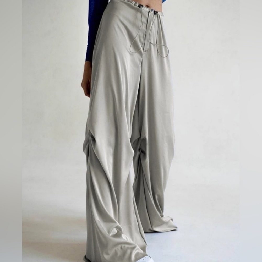 Heather Grey Silver Wide Satin Pant With Adjustable Cinch Ties - Picture 3 of 8
